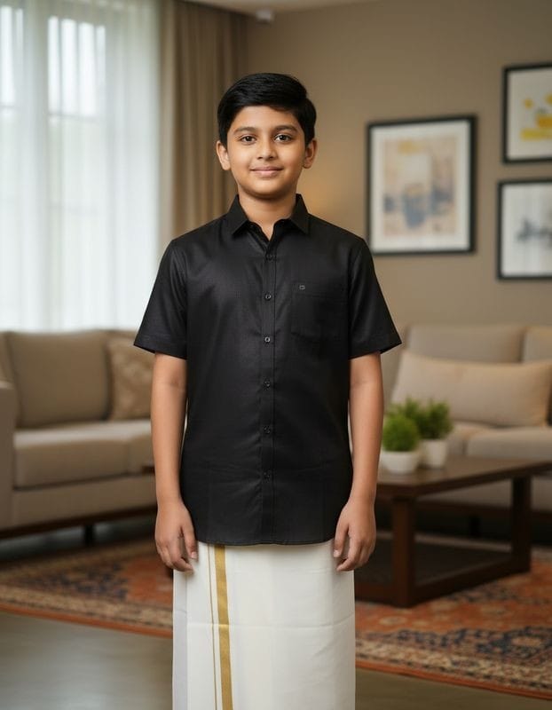 Kerala Traditional Cotton Black Shirt Halfsleeves for Boys